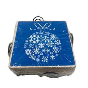Snowflake Christmas Ornament Bulb Coasters 4 w Stand Blue White 3.75x3.5